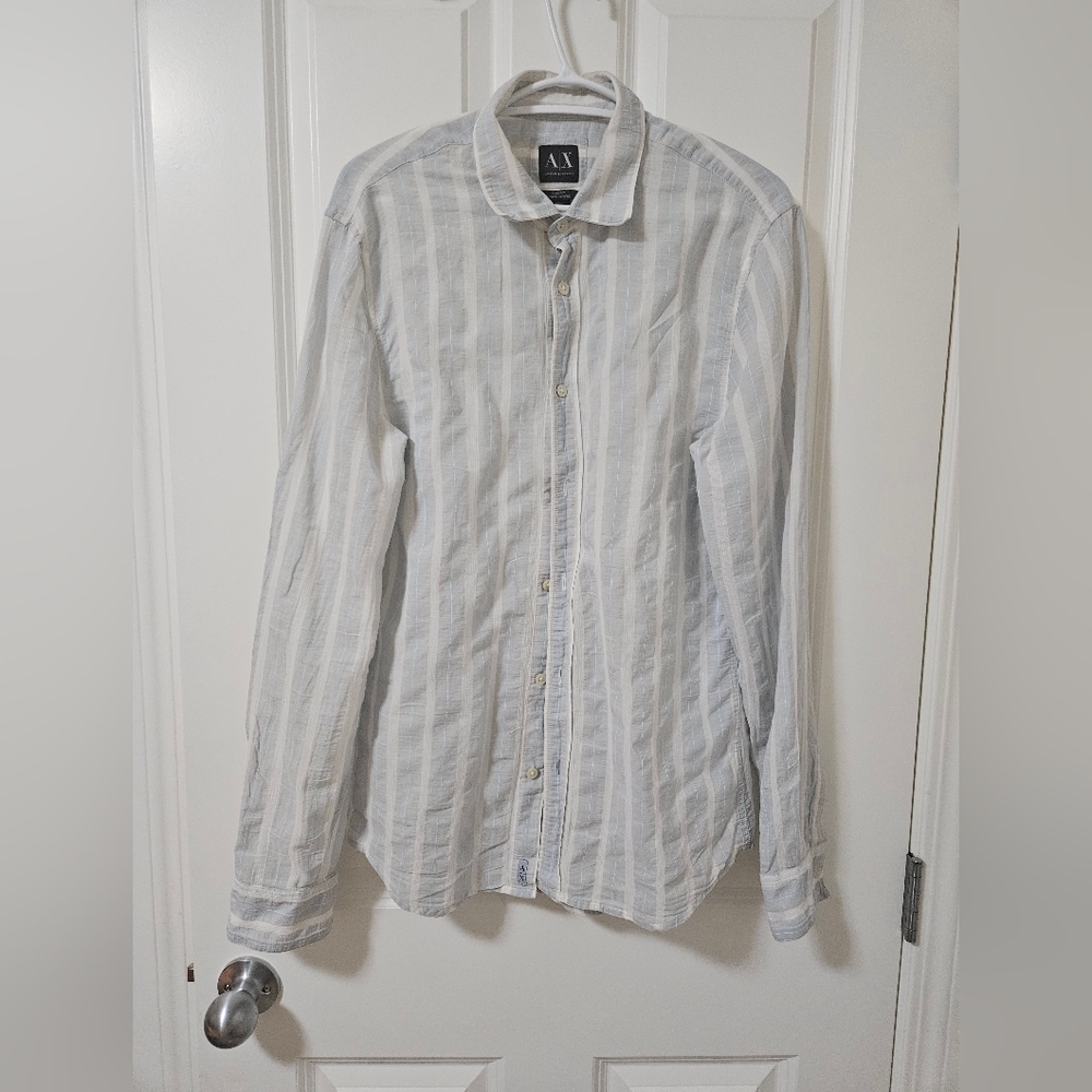 Armani Exchange men's Medium cotton light white blue fancy dress shirt